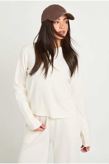 Waffle Henley Long Sleeve Top - ecru
