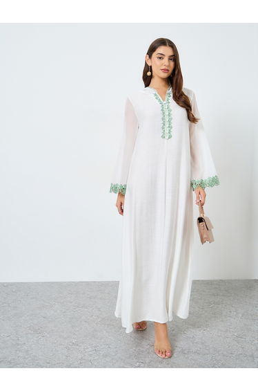 White Button Front Lace Detail Hooded Jalabiya