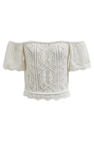 Off-Shoulder Eyelet Knit Crop Top in White