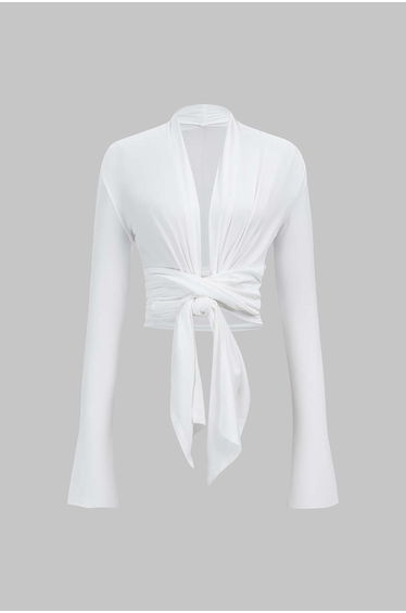V-Neck Tie Front Ruched Long-Sleeve Top