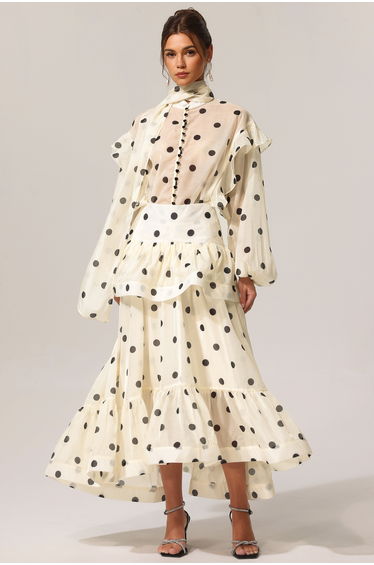 Rode Dot Printed Folds Long Sleeves Top And Skirt Two-Piece Set