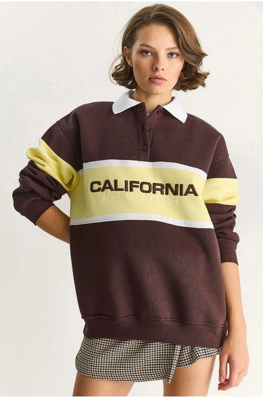 LUCCI Oversized Printed Polo Collar Sweatshirt
