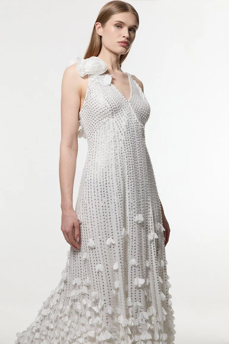 crystal applique woven maxi rosette maxi dress Karen Millen Crystal Applique Strappy Rosette Woven Maxi Dress in Ivory