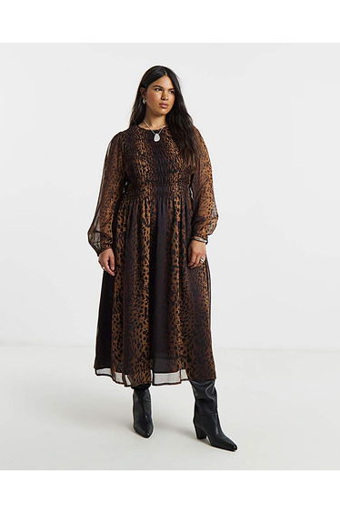 Leopard Shirred Midi Dress