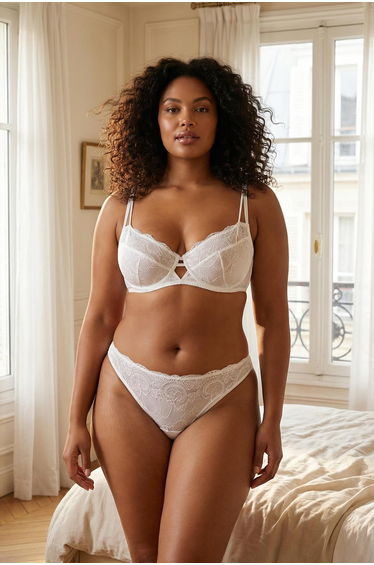 White Lace Piece Piped Detail Thread Strap K Cup-Free Knitted Underwear Set