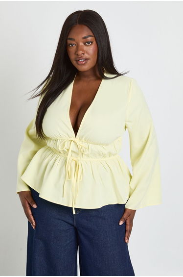 Plus Flared Sleeve Tie Front Ruched Waist Top - lemon