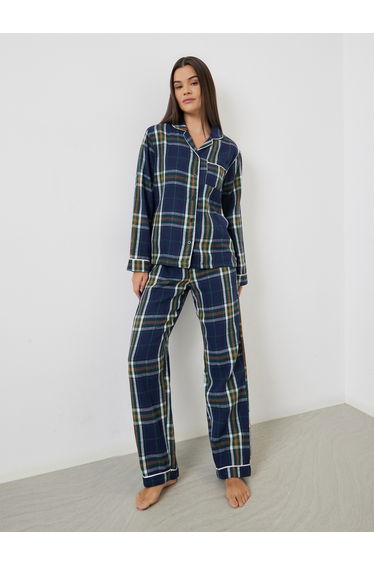 Family Pyjamas - Women Checked Piped Buttoned Shirt and Pyjama Set