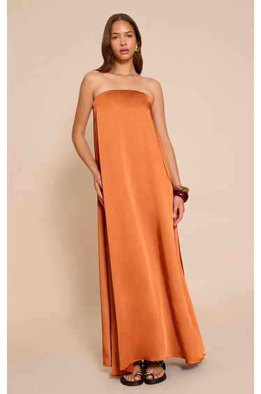 Rust Textured Satin Bandeau Column Dress