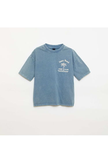Short-sleeve message print T-shirt BLUE