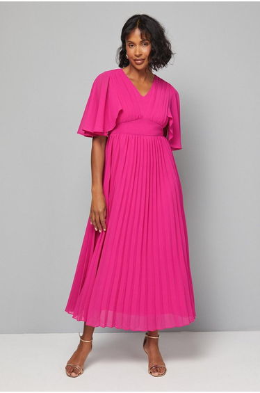 Pleated Cape Sleeve Midi Dress