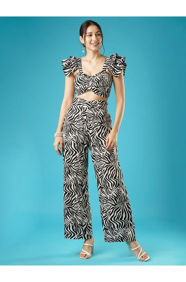 Women Zebra Print Ruffled Crop Top and Wide Leg Trousers Co-Ords