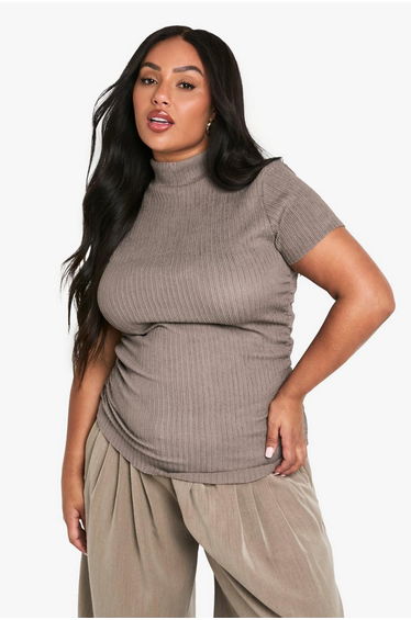 plus ripple texture high neck rouched top - mocha
