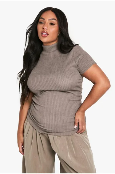 plus ripple texture high neck rouched top - mocha