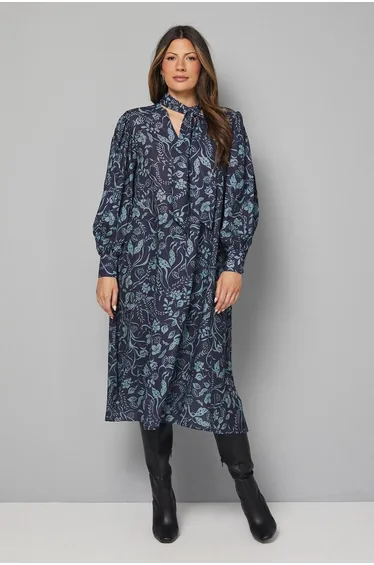 Floral Tie Neck Trapeze Dress