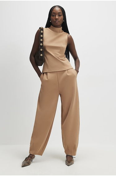Beige Barrel Leg Trousers