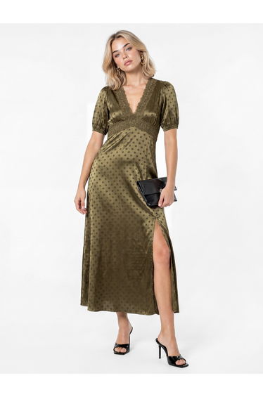 Lovedrobe Olive Polka Dot V Neck Midaxi Dress with Lace Trim