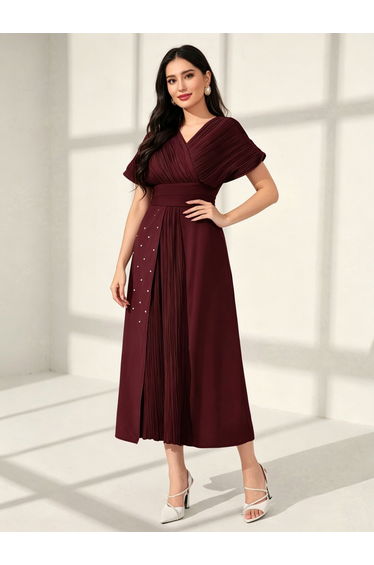 Burgundy A-Line Midi Dress with Pleated Detail