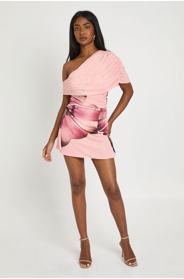 Mesh Large Floral One Shoulder Mini Dress - blush