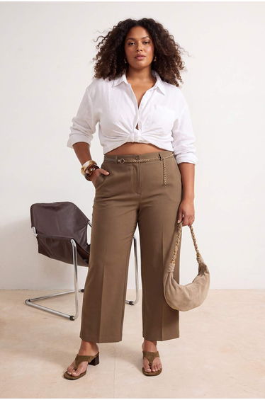 Khaki High Waist Pipe Leg Accessory Detailed Plus Size Woven Trousers