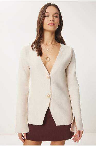 Women's Beige V Neck Stylish Buttoned Knitwear Cardigan