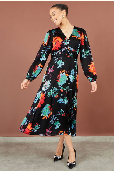 Yumi Black Floral Midi Dress With Long Sleeves