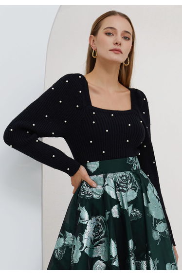 Pearl Adorned Square Neck Knit Top in Black