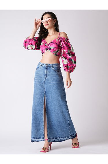 Light Blue Front Slit Fringed Denim Maxi Skirt