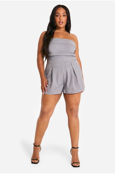 Plus Woven Bandeau Ruched Detail Playsuit - grey
