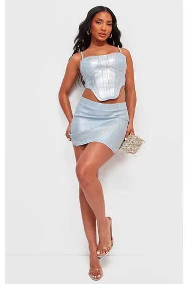 Silver Metallic Coated Denim Micro Mini Skirt