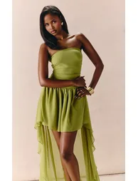Apple Green Chiffon Ruched Bandeau Drape Mini Dress - 2