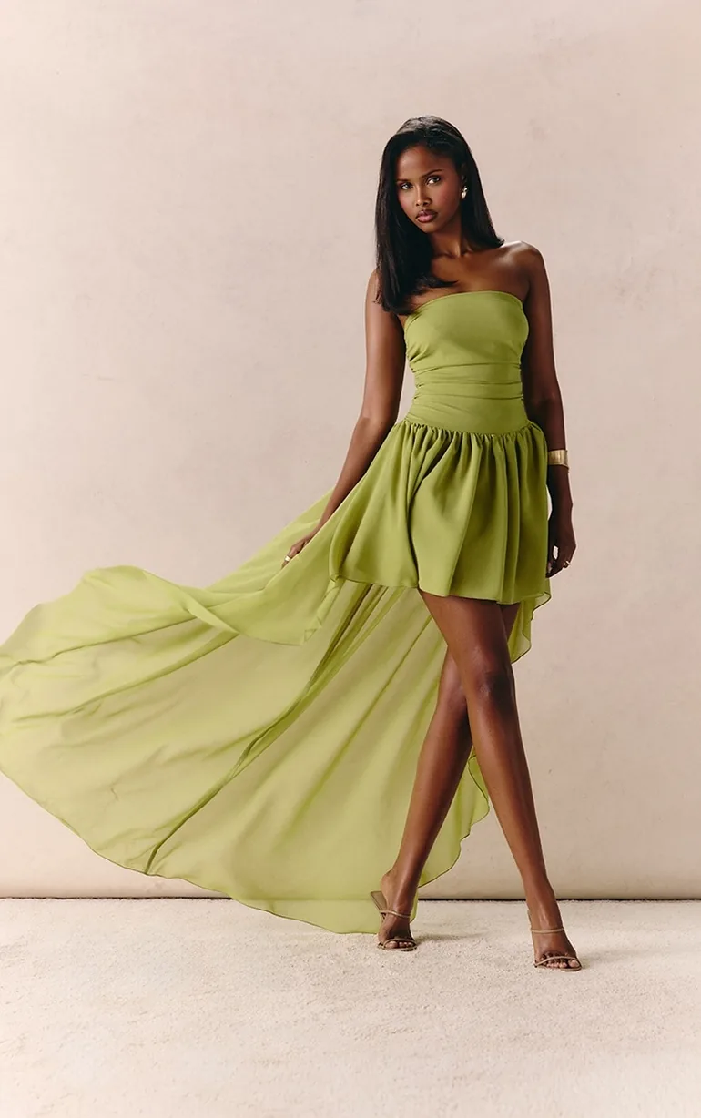 Apple Green Chiffon Ruched Bandeau Drape Mini Dress