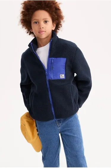 Sherpa Zip-Up Cardigan with High Neck