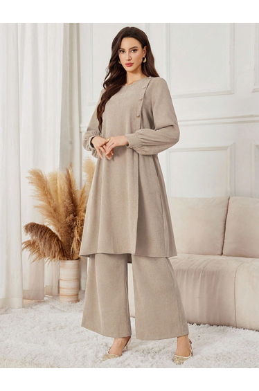 Women Beige Longline Top and Wide Leg Pants Co-Ords