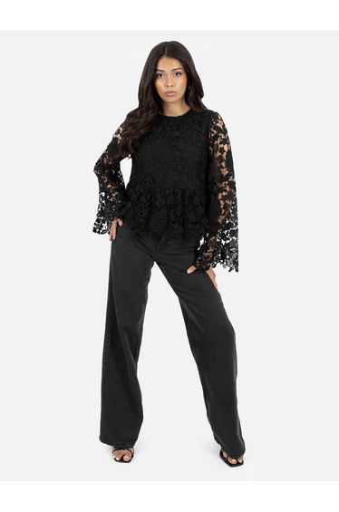 Lovedrobe Black Floral Lace Bell Sleeve Peplum Top