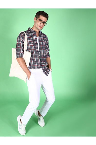 Men Grey Checked Casual Shirt with Spread Collar