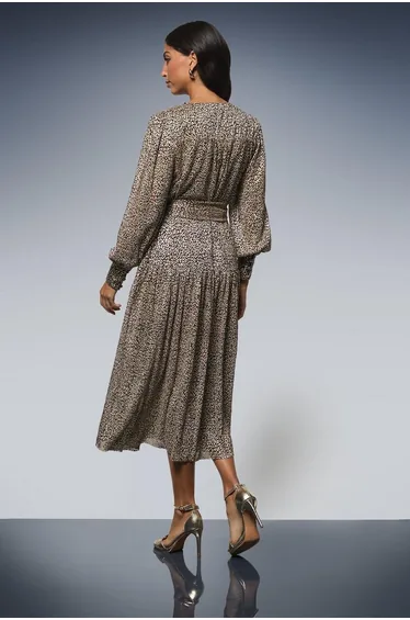 Animal Metallic Tie Waist Midi Dress