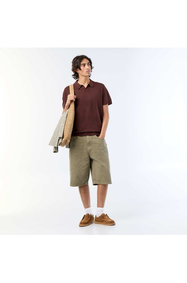 Short-sleeved openwork knit polo shirt BROWN