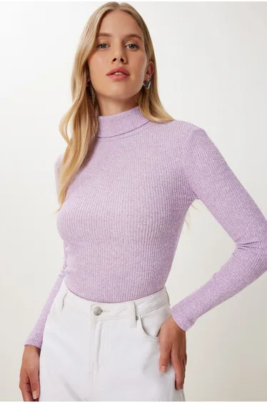 Women's Lilac Turtleneck Ribbed Knit Sweater