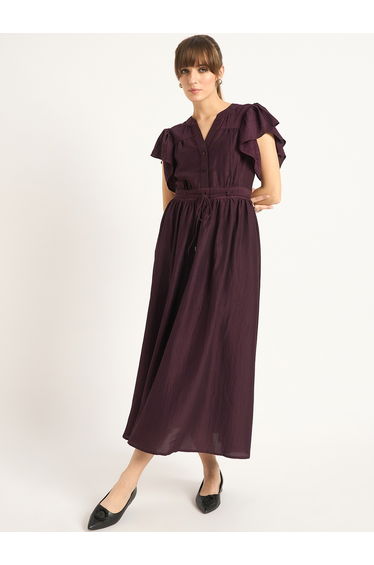 Solid Frill Sleeves Dress with Tie Belt