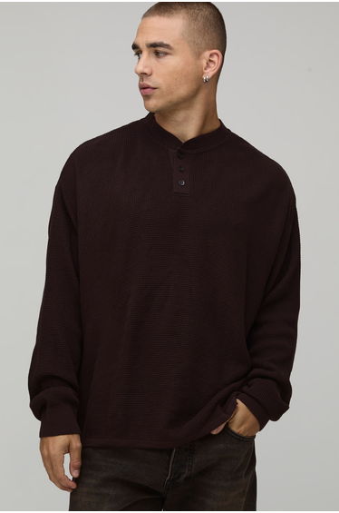 Relaxed Fit Henley Waffle Knitted T-Shirt - chocolate