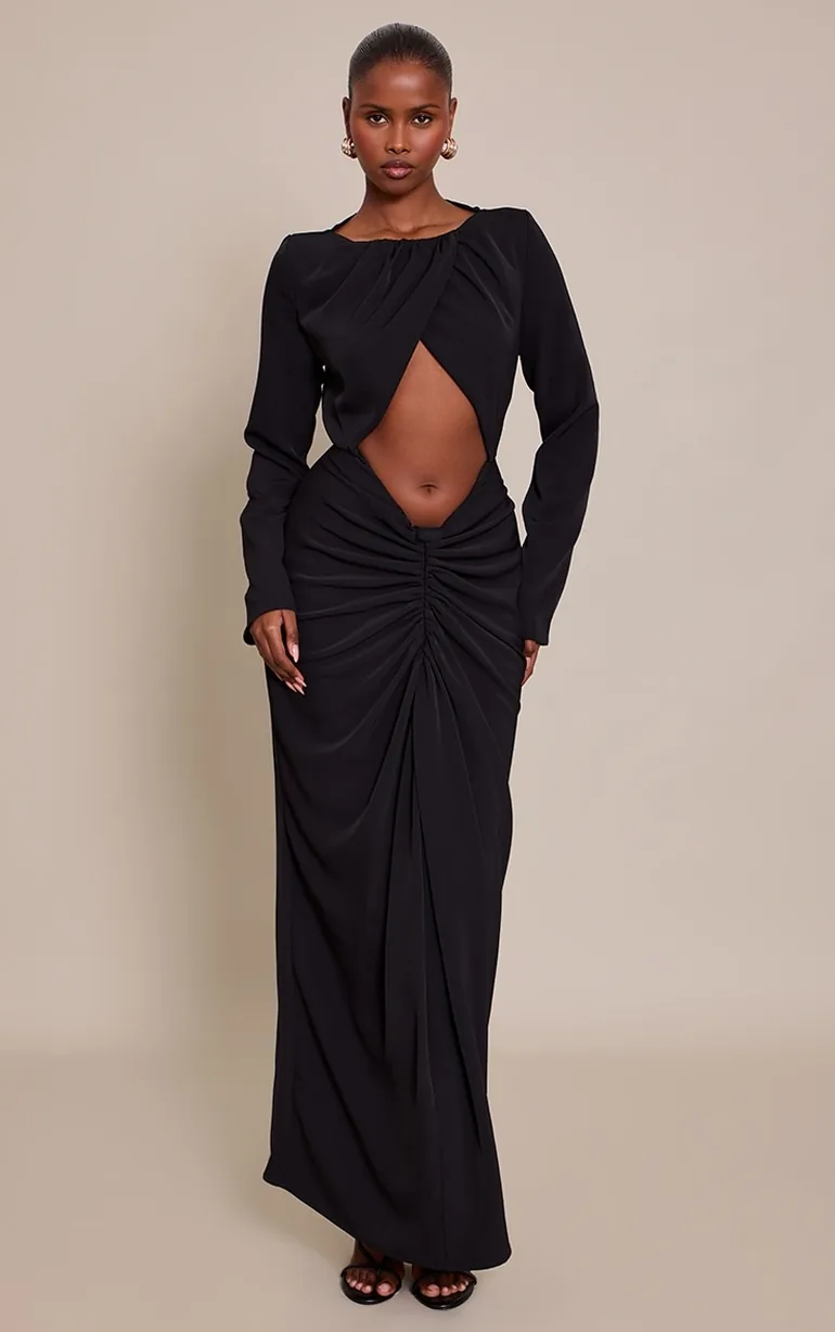 black woven maxi dress WOVEN MAXI DRESS WAIST LACE BAND Black Medium