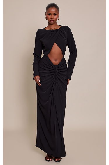 Black Cut Out Detail Woven Long Sleeve Maxi Dress
