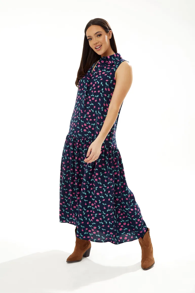 Women's Maxi Dress in Navy with Sleeveless Oversized Fit and Cherry Print. - 1