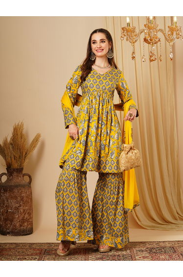 All-Over Floral Print Knee Length Kurta With Sharara and Dupatta Set