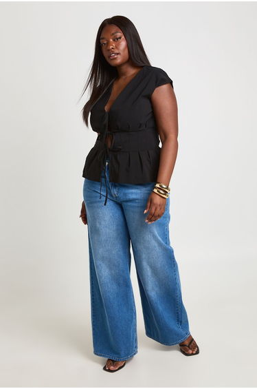 Plus Super Stretch Tie Detail Top - black