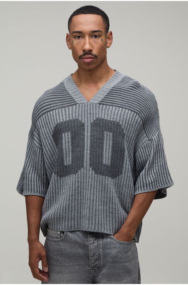 V Neck Varsity Ribbed Knitted Sports Top - charcoal