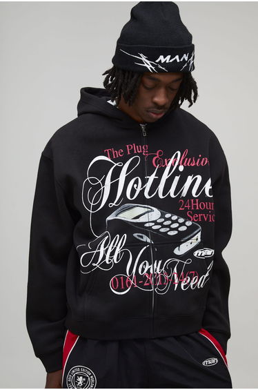 Black Oversized Boxy Hotline Graphic Zip Through Hoodie - black
