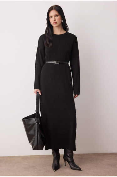 Black belted unlined plain knit ribbed/camisole hijab dress