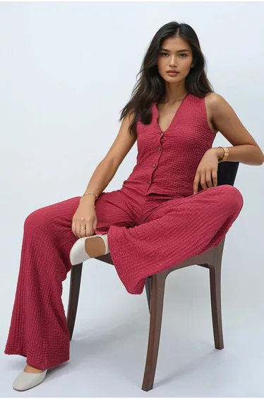Women's V-Neck Buttoned Vest and Trouser Set Brick Color