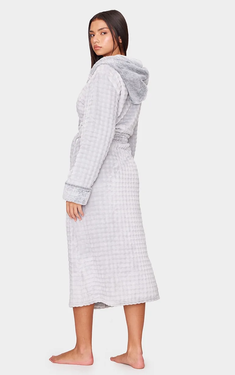 Shop Grey Stripe Faux Fur Trim Hooded Dressing Gown Prettylittlething  Online in Oman